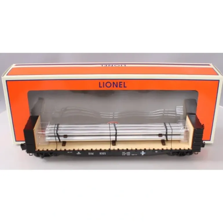 Lionel 6-27837 O Boston & Maine Bulkhead Flatcar w/Pipe Load #5321 - Model Train Junction: Quality Parts and Art Supplies