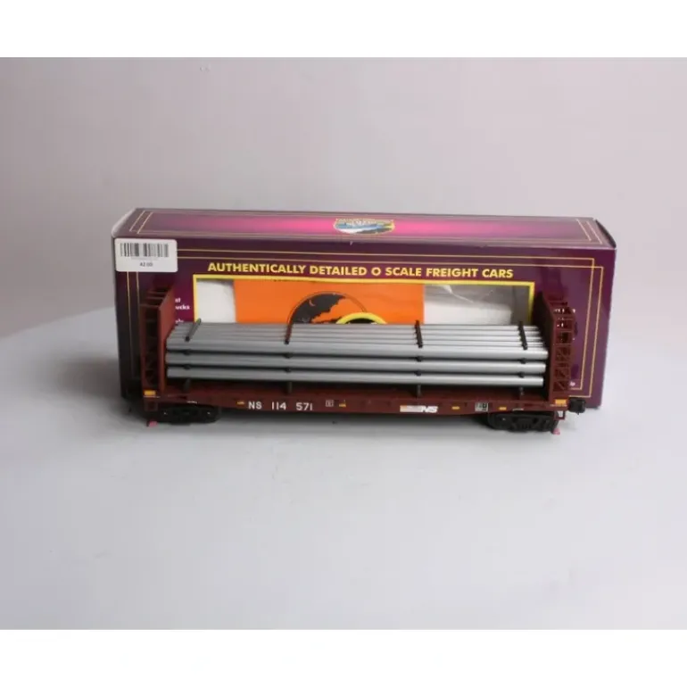 MTH 20-98666 Norfolk Southern Flat Car - w/Bulkheads & Pipe Load - Model Train Junction: Quality Parts and Art Supplies